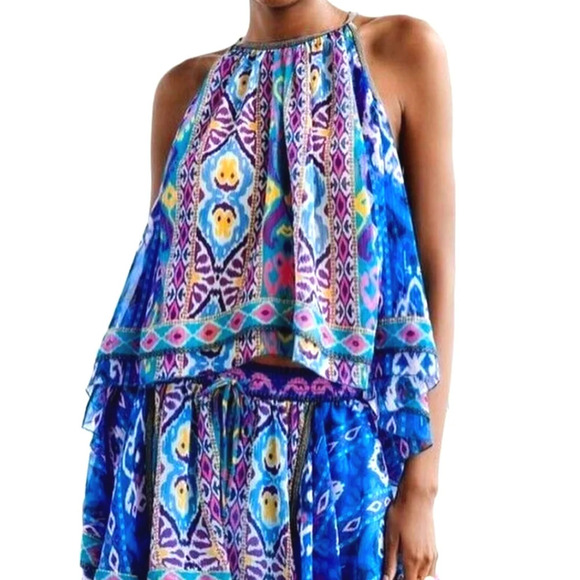 ZARA Multi colored Aztec print Asymetrical swing halter beaded top. Size L NWT - Picture 1 of 16